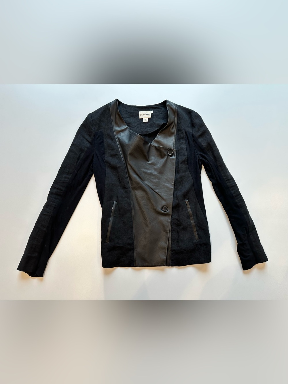 Pure DKNY Black Lamb Leather & Linen Mixed Media Moto Jacket